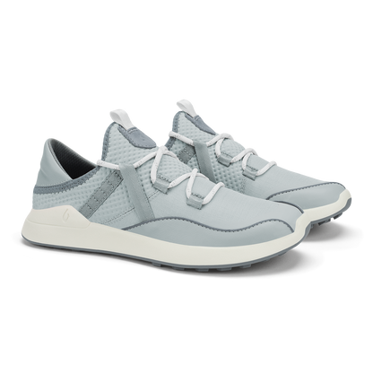 Cloud grey sneakers with white velcro straps, textured mesh upper, and cream-colored sole.