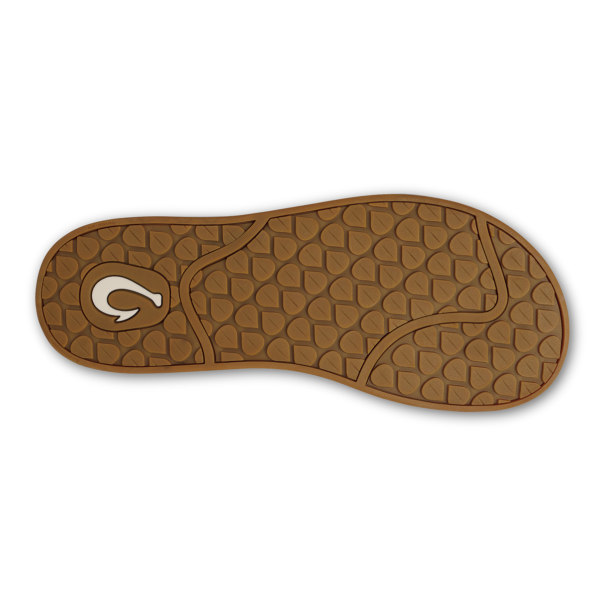 Tan and white shoe sole with textured tread pattern and curved heel design.