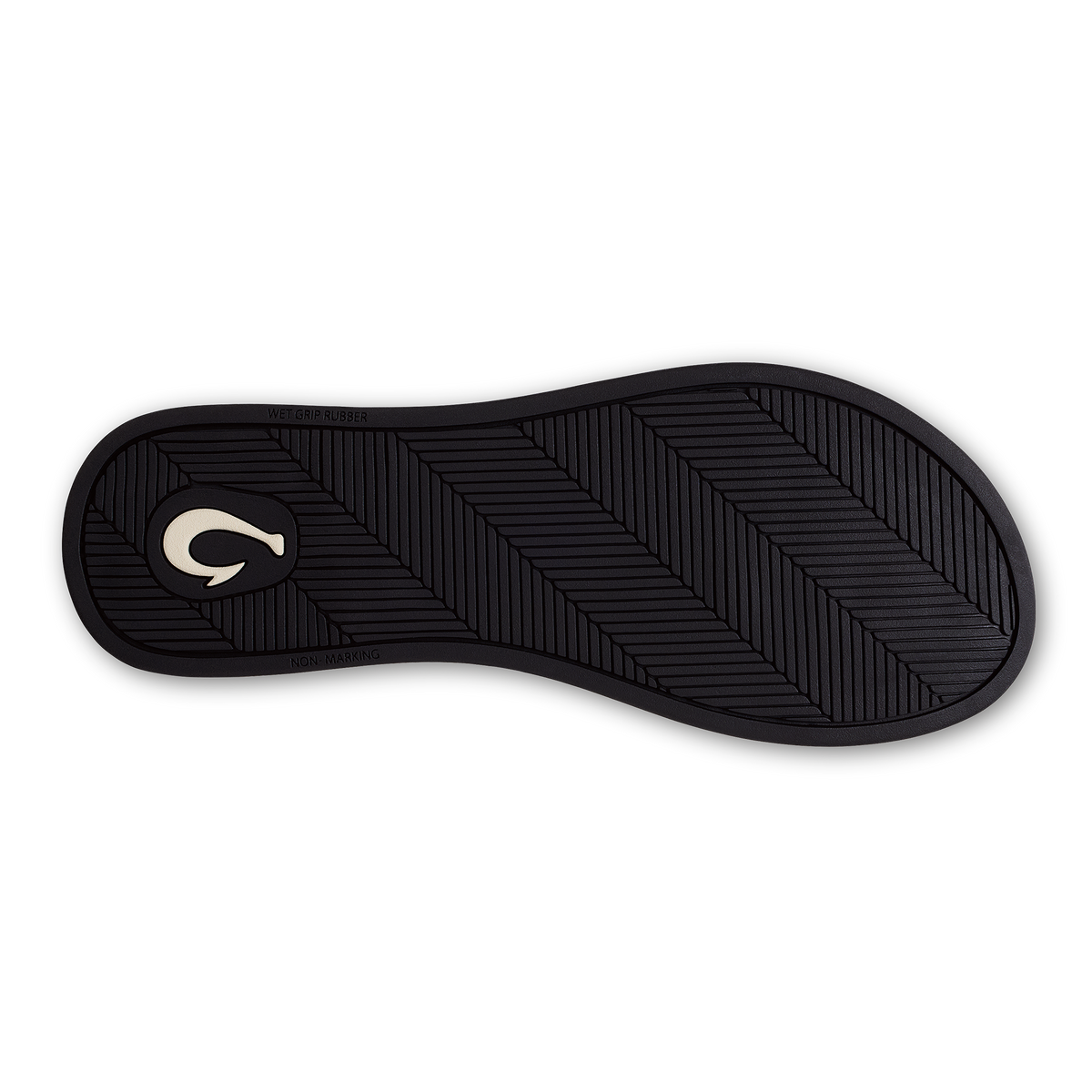 Black shoe sole with diagonal tread pattern and white curved logo on heel.