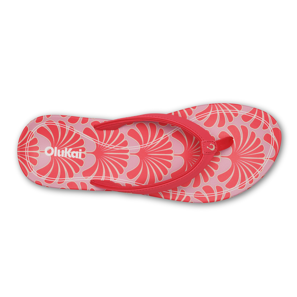 Hot pink and pale pink flip-flop with shell-pattern design and red toe post.