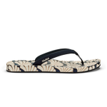 Blue and cream flip-flop with geometric patterned footbed and black toe strap.