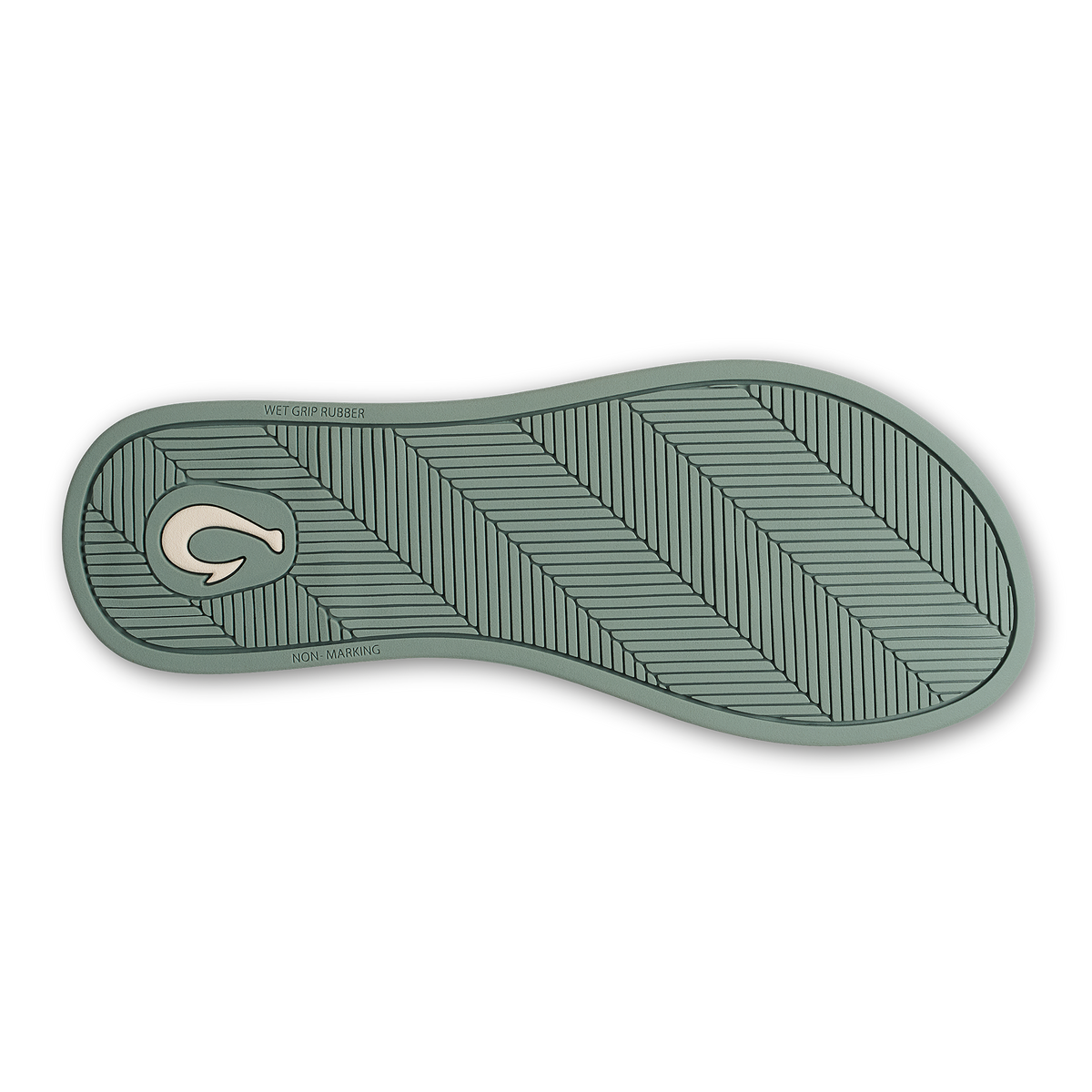 Silver-green shoe sole with textured diagonal stripe pattern and brand logo on heel.