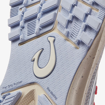 Shoe sole with blue and cream rubber tread pattern, featuring horseshoe logo and "Wet Grip Rubber" text.