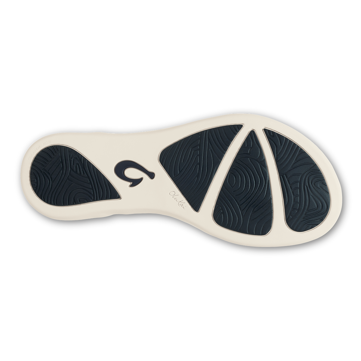 Cream and dark blue sandal sole with textured pattern and curved footbed design.