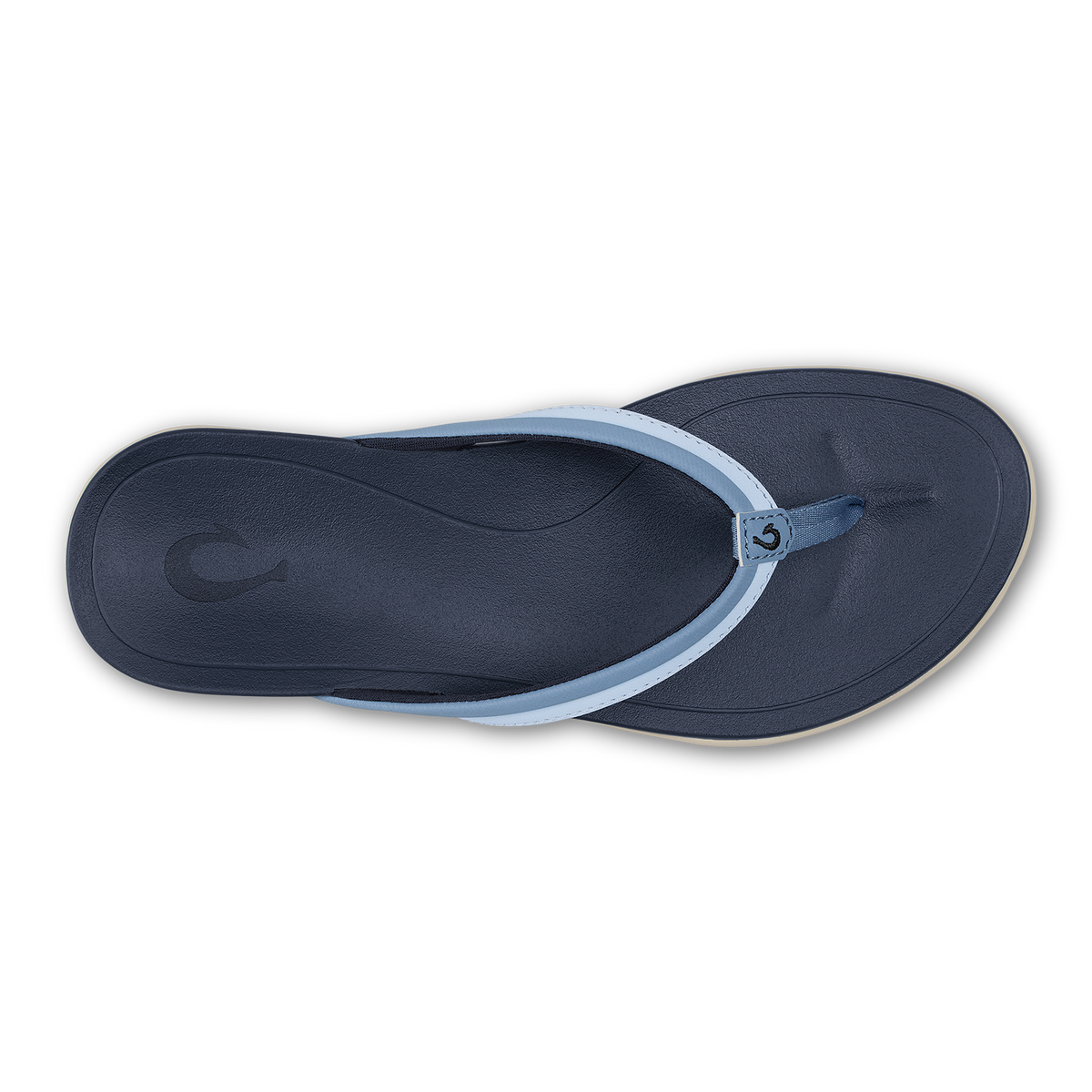 Navy thong sandal with light blue trim and curved footbed, shown from above.