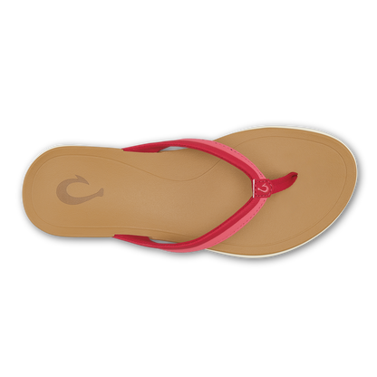 Tan flip-flop sandal with hot pink thong strap and curved footbed, shown from above.