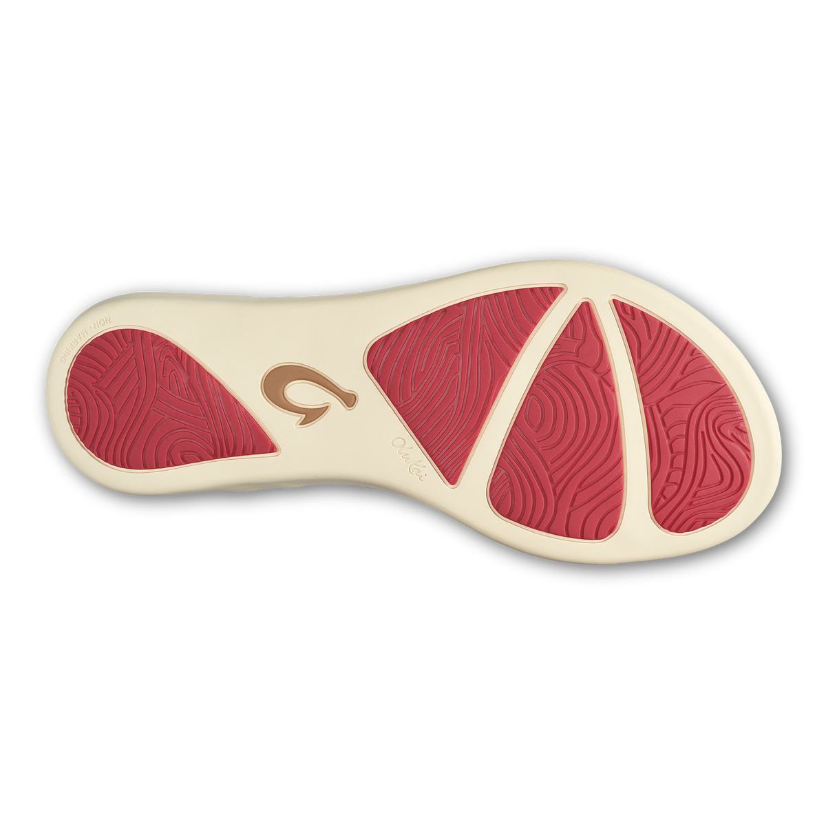 Shoe sole featuring hot pink tread sections with cream-colored base and brown brand logo.