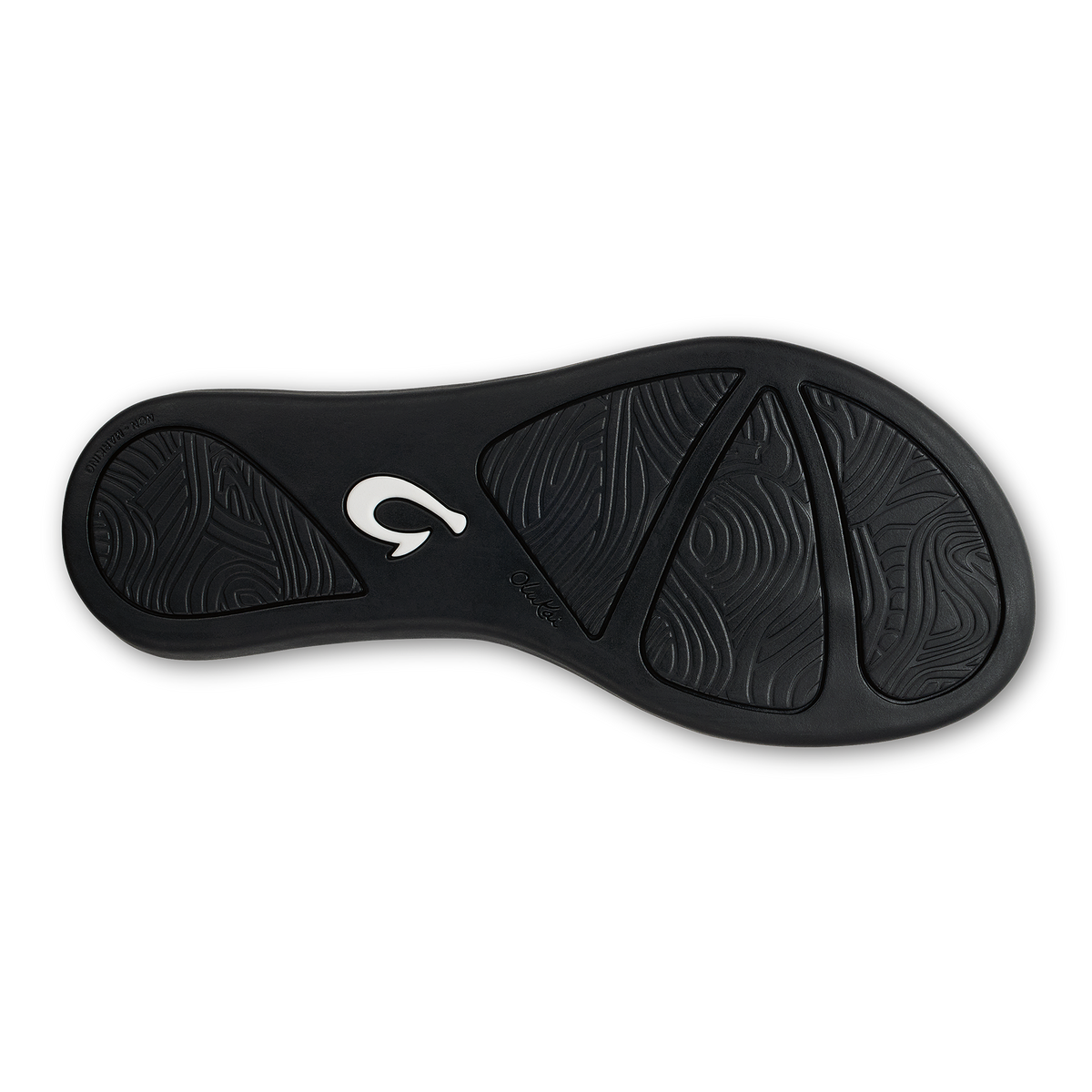 Black rubber shoe sole with textured tread pattern and white brand logo on heel.