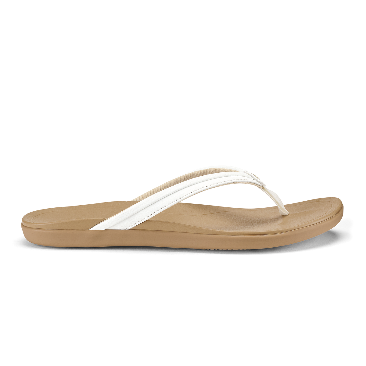 Tan and white flip-flop sandal with curved footbed and thin white strap across the foot.