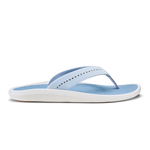 Blue and white flip-flop sandal with studded strap and textured white sole.