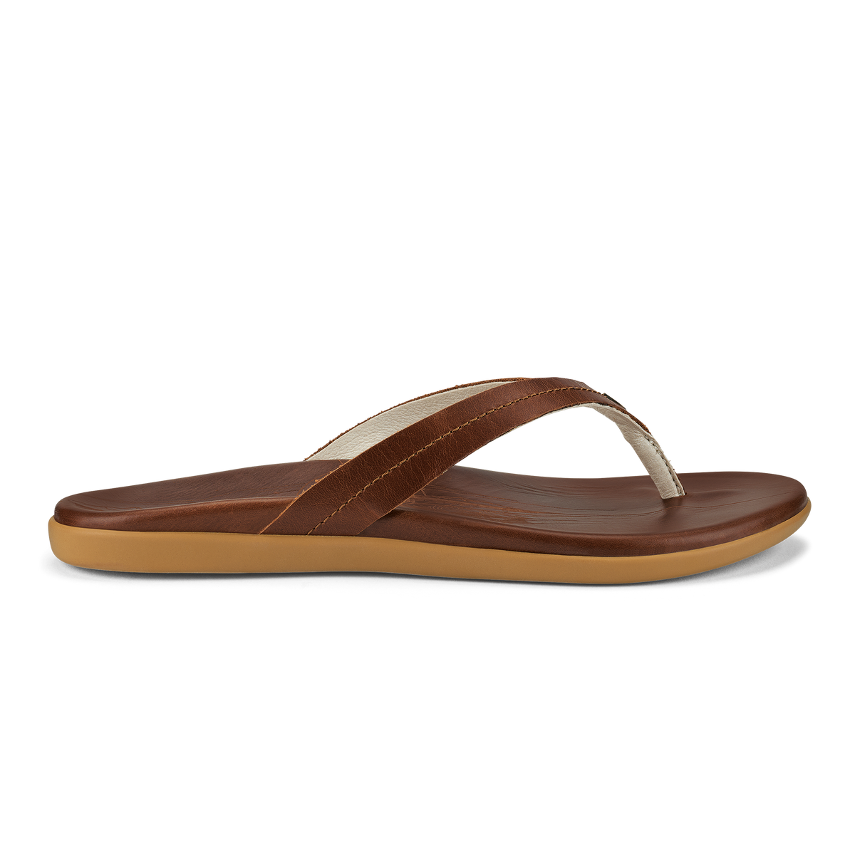 Brown leather thong sandal with toffee-colored sole and cream-colored toe strap.