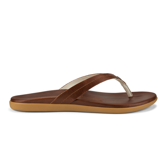 Brown leather thong sandal with toffee-colored sole and cream-colored toe strap.