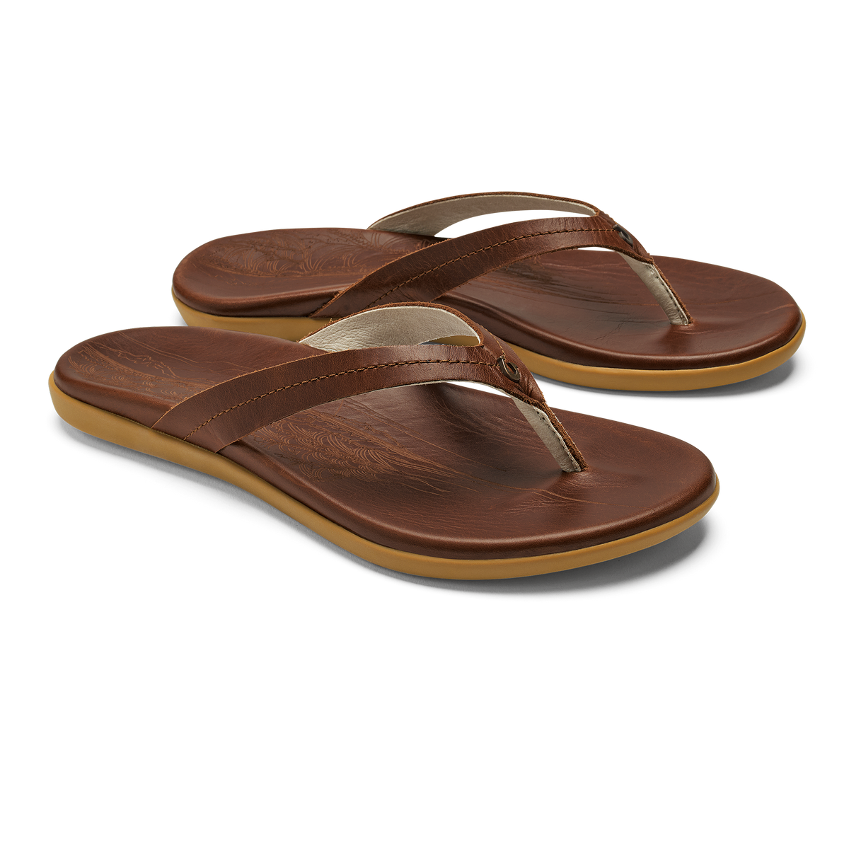 Brown leather flip-flops with tan soles and thong straps, shown in pairs.