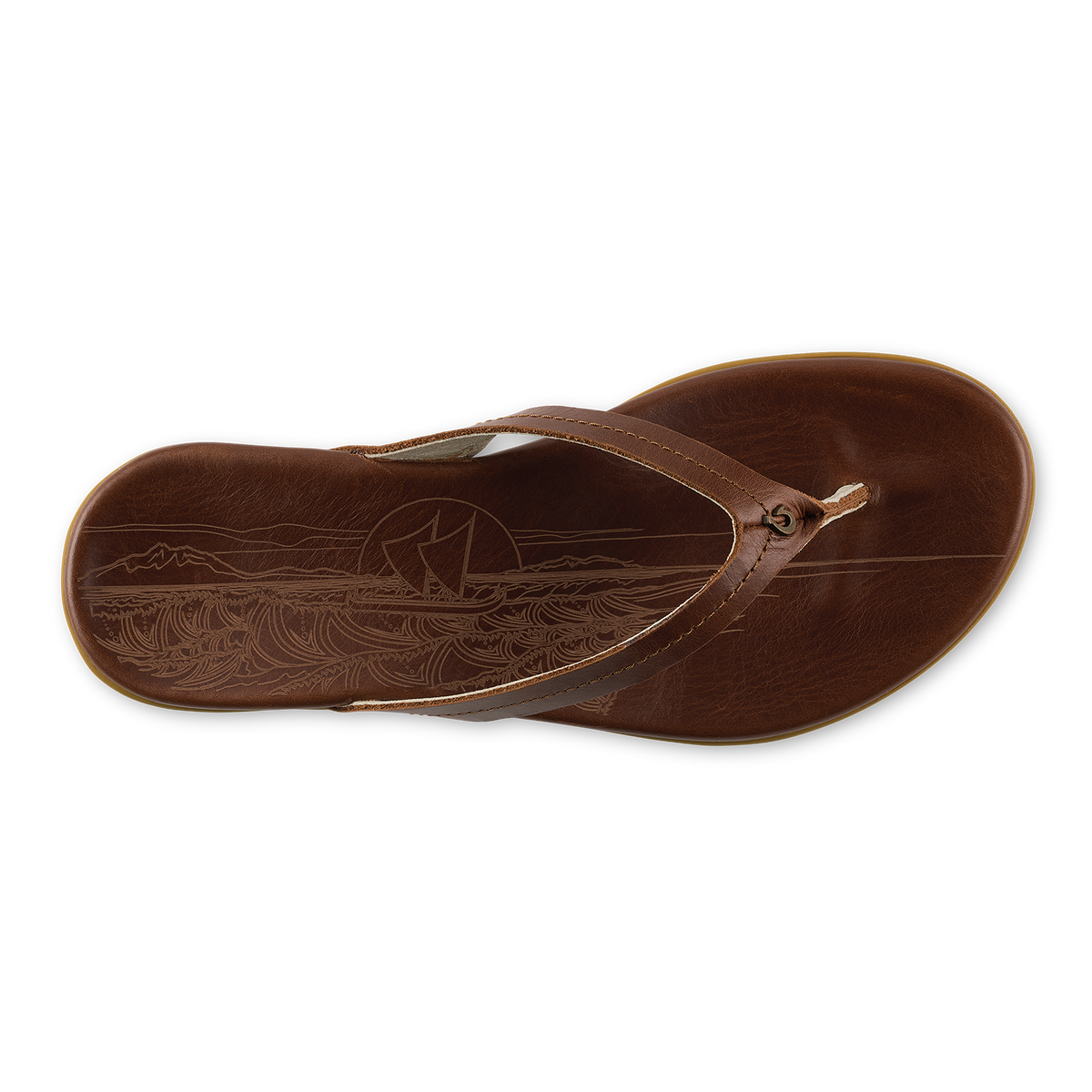Toffee-colored flip-flop with embossed canoe and wave design on footbed and thong strap.