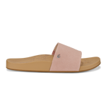 Slide sandal with soft pink upper strap and warm sand-colored sole, featuring a small logo detail.