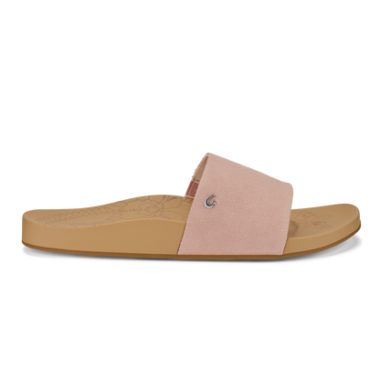 Slide sandal with soft pink upper strap and warm sand-colored sole, featuring a small logo detail.