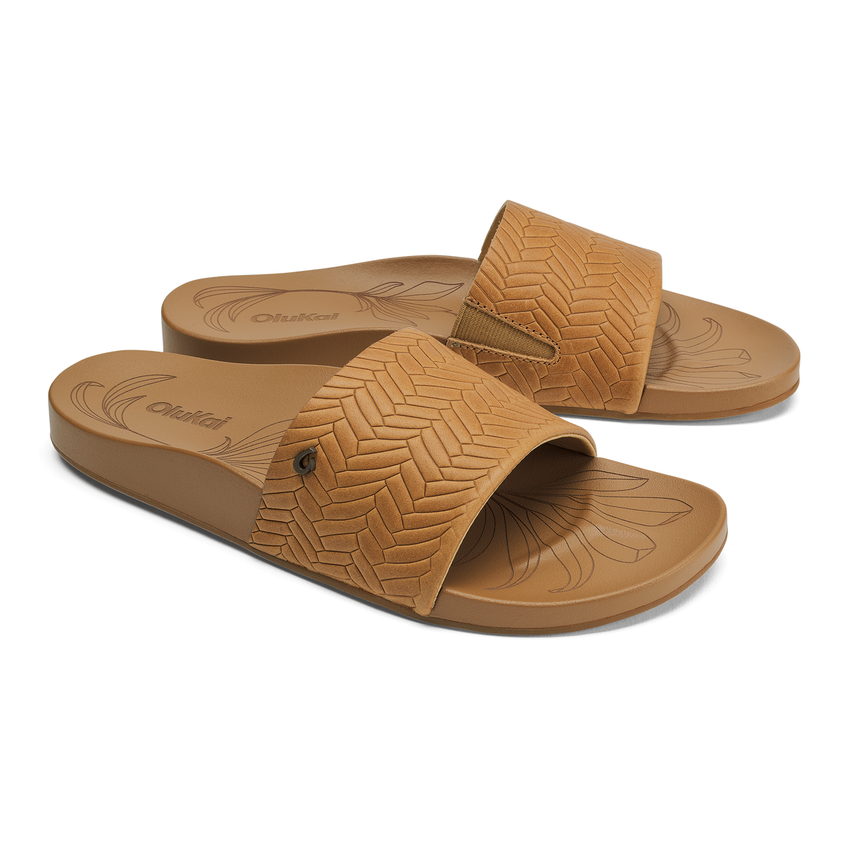 Tan slip-on sandals with chevron weave pattern upper and textured sole, shown from above at an angle.