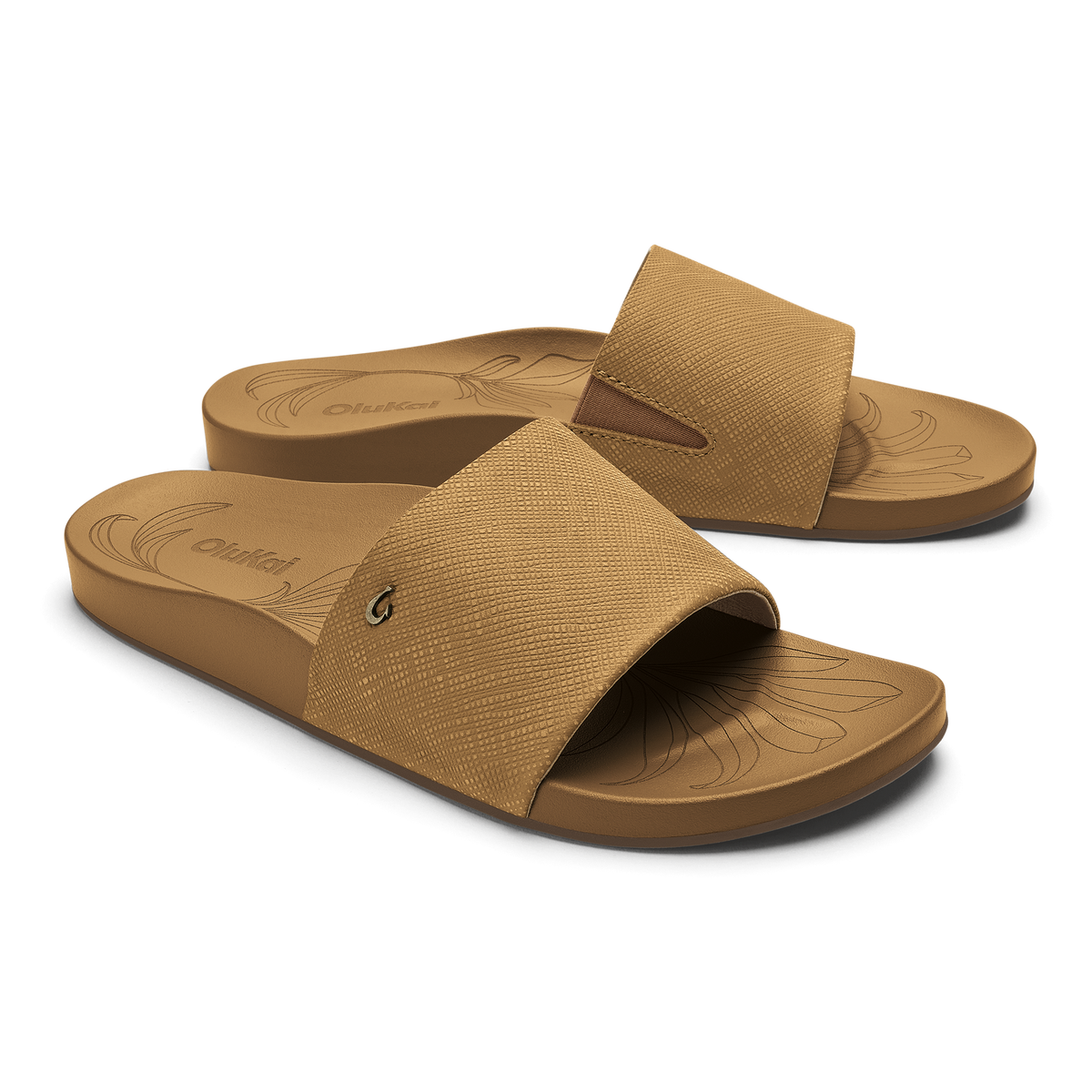 Tan slide sandals with textured crosshatch fabric upper and molded sole, shown in pair from front and back angles.