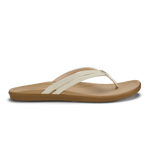 Tan and cream flip-flop sandal with curved footbed and thong strap.