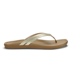 Tan flip-flop sandal with metallic gold straps crossing over the foot bed.