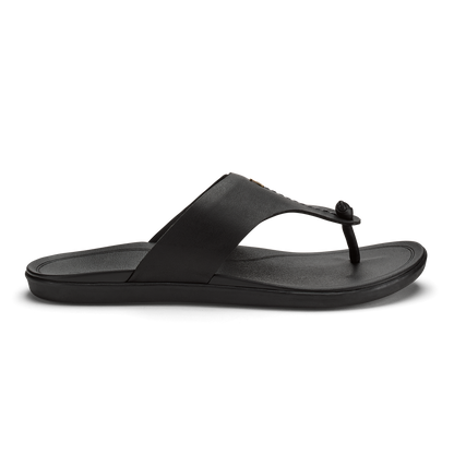 Black thong sandal with padded upper strap and cushioned footbed against white background.