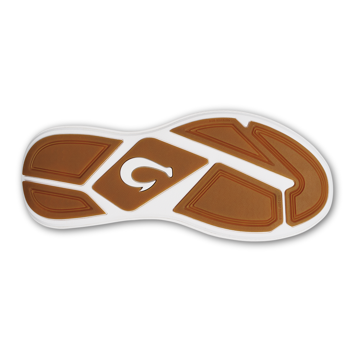 Brown and white sneaker sole with geometric tread pattern and cushioned sections.