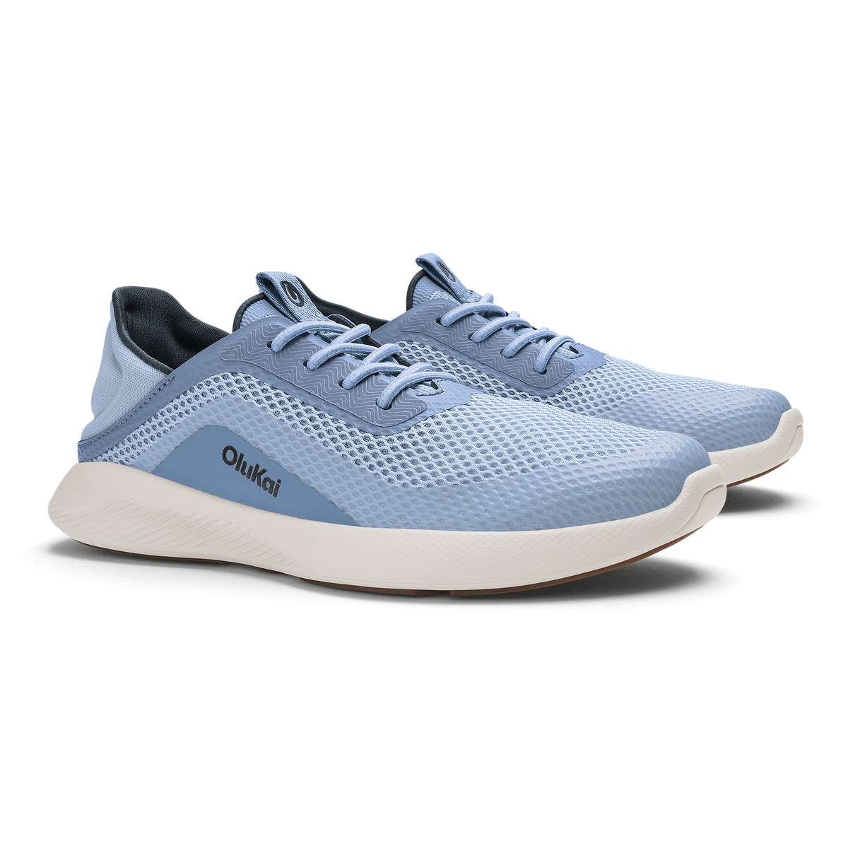 Light blue mesh running shoe with white midsole and dark blue heel accent.