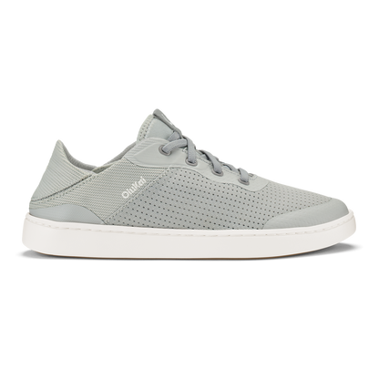 Cloud grey perforated sneaker with white sole and grey laces, side profile view.