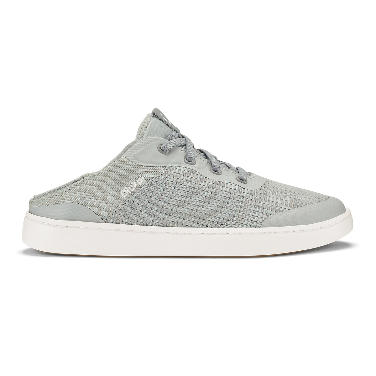 Cloud grey slip-on shoe with perforated mesh upper, grey laces, and white sole.