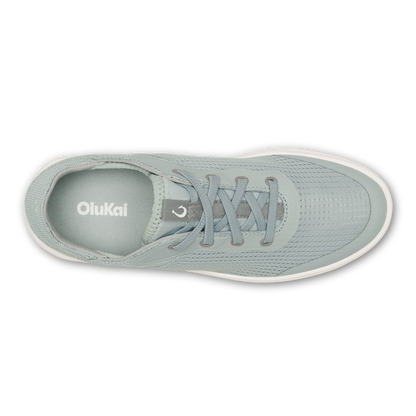Cloud grey lace-up sneaker with white sole and OluKai branding, shown from above.