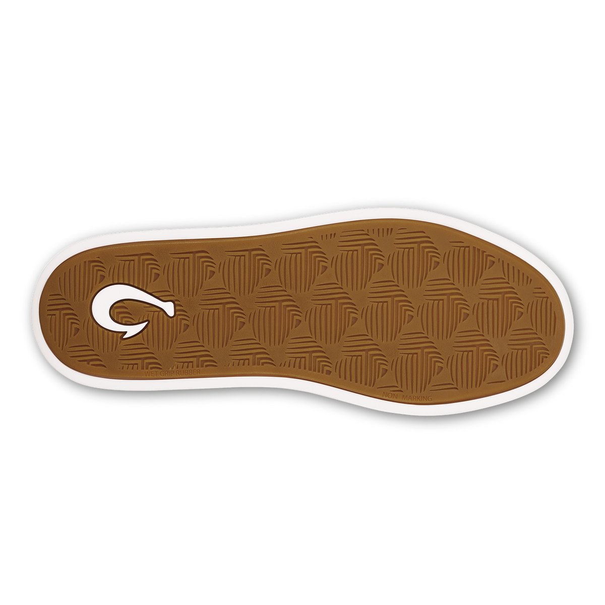 Shoe sole with brown textured rubber tread, white trim, and centered logo cutout.