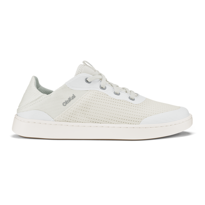 Bright white mesh lace-up sneaker with perforated upper and white sole.