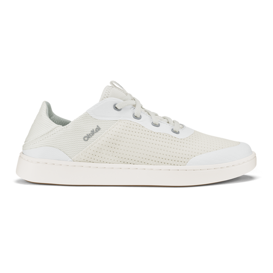Bright white mesh lace-up sneaker with perforated upper and white sole.