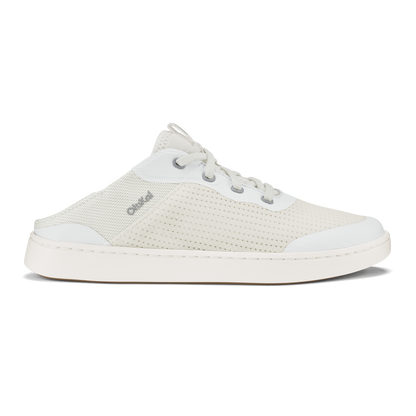 White mesh slip-on sneaker with lace-up closure and white rubber sole.