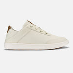 White and tan lace-up sneaker with white sole and tan heel detail, shown in profile view.