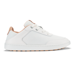 White lace-up sneaker with cantalope-colored heel tab and sole trim.