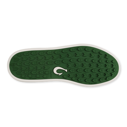 Shoe sole with white edge trim, green tread pattern with chevron design, and white brand logo in center.