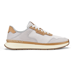 White and tan mesh running shoe with cream-colored sole and brown heel accent.