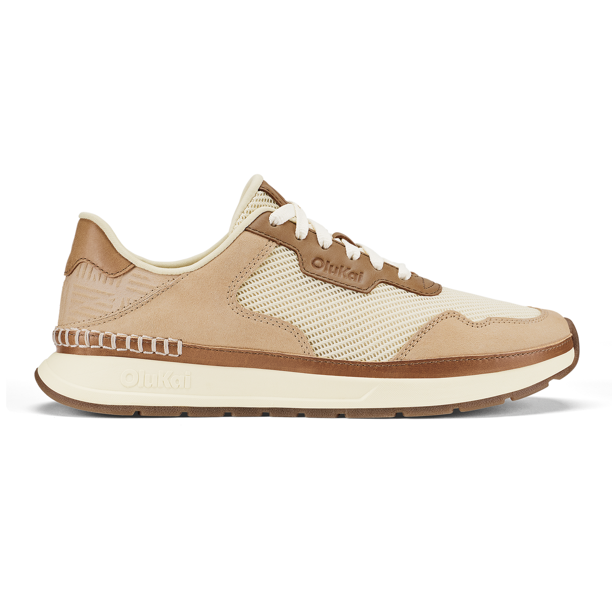 Koke sneaker in white sand and tan with mesh paneling, cream laces, and cream rubber sole.