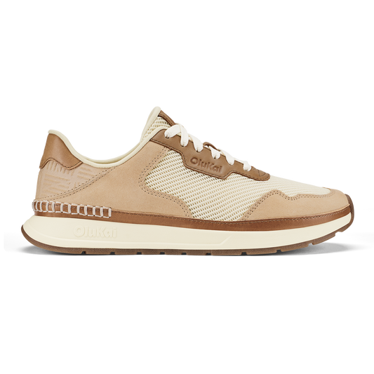 Koke sneaker in white sand and tan with mesh paneling, cream laces, and cream rubber sole.