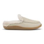 Ecru suede loafer slipper with fleece lining and tan rubber sole, shown in profile view.
