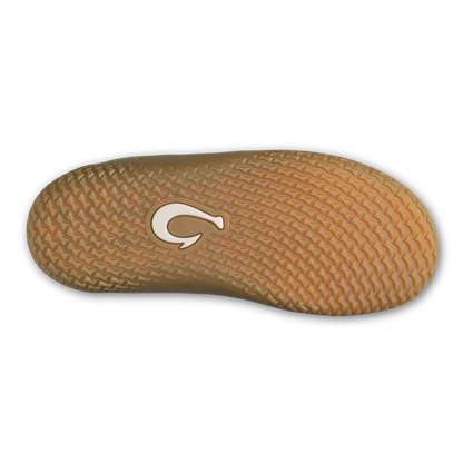 Ecru slip-on shoe sole with textured tread pattern and white logo detail.