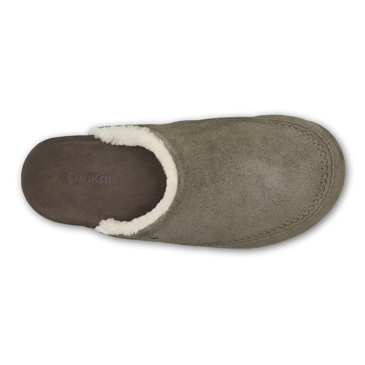Suede slipper in walnut and dark java with cream fleece lining, shown from above.