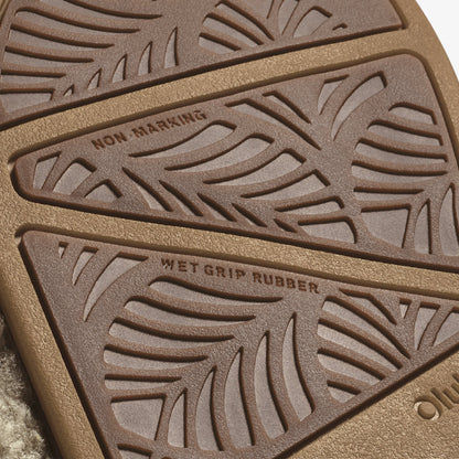 Tan rubber sole with leaf-pattern tread, marked "non-marking" and "wet grip rubber."