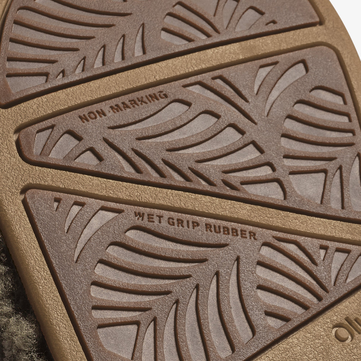 Walnut-colored shoe sole with embossed leaf patterns and "wet grip rubber" and "non-marking" text labels.