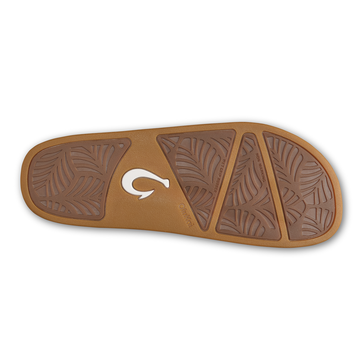 Tan and brown slide sole with white logo and geometric leaf-pattern tread sections.