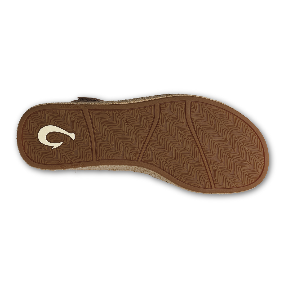 Tan leather sandal sole with textured brown rubber outsole and curved arch support.