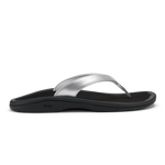 Silver and black thong sandal with curved footbed and metallic upper strap.