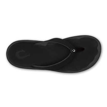 Black flip-flop sandal with curved straps and rounded toe post, shown from above.