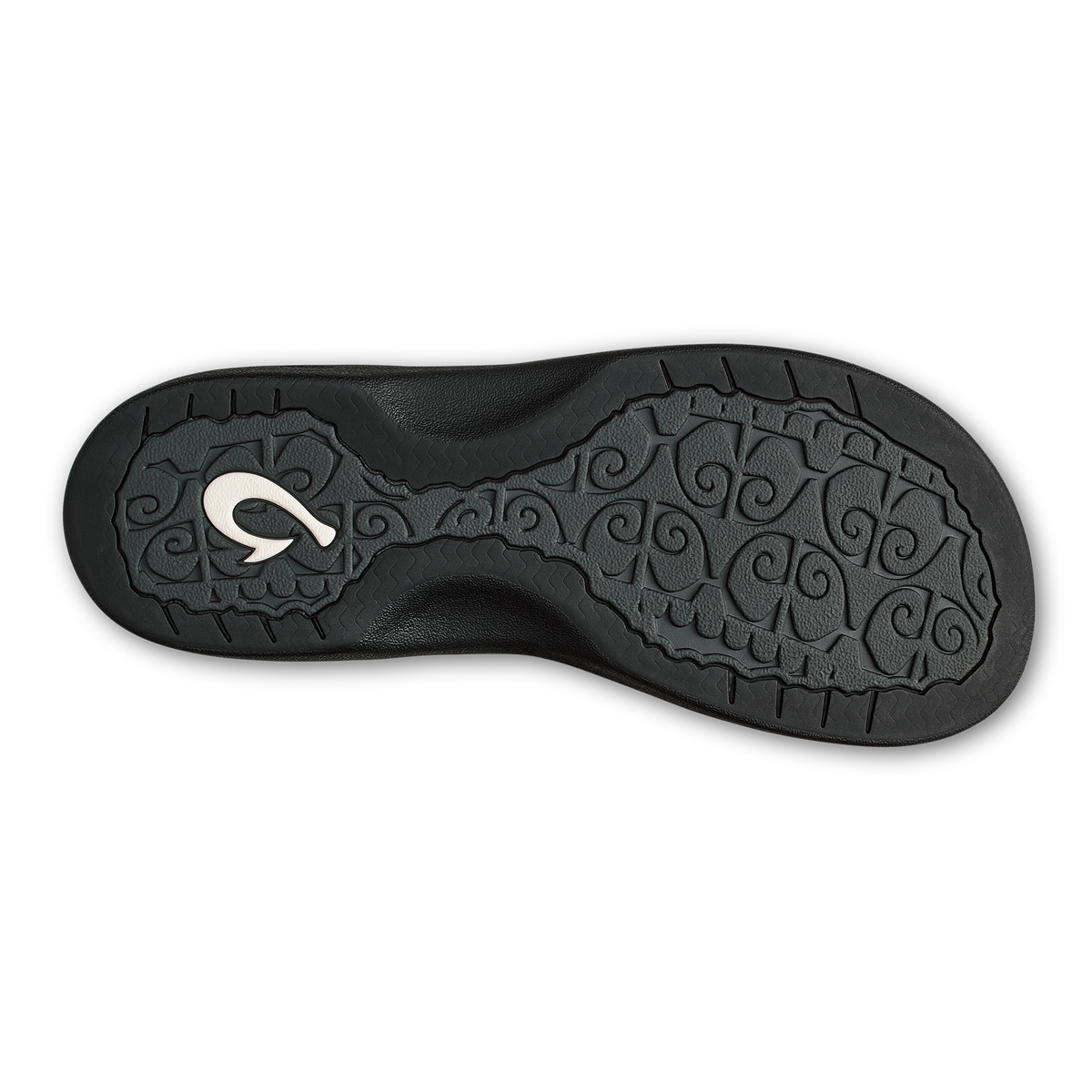 Black sole with ornamental spiral pattern and white logo emblem on center.